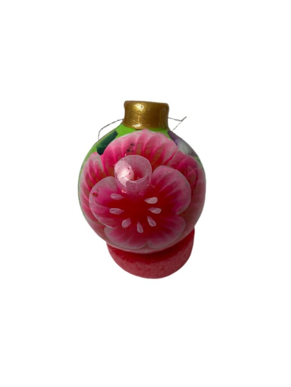 Handpainted Floral Glass Ornament Pink Gold Accents Round Design Hanging Art Dec